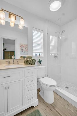 Bathroom, Glass Shower, Interior, Wood Texture Flooring