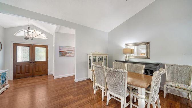 Dining room, Interior, Pendant Lights, Wood Texture Flooring