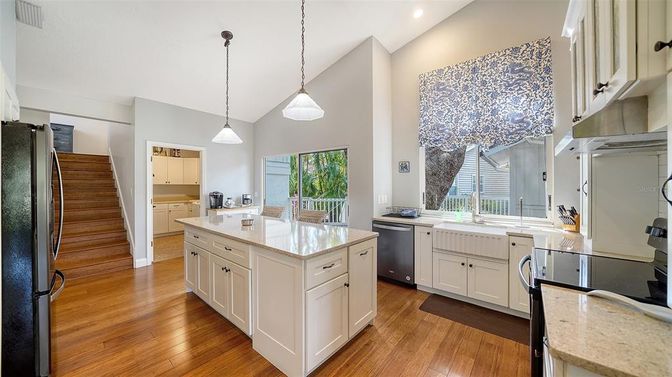 Interior, Kitchen, Pendant Lights, Recessed Lighting, Wood Texture Flooring