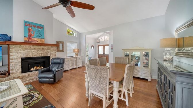 Dining room, Fireplace, Interior, Living room, Wood Texture Flooring
