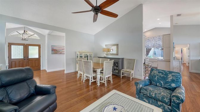 Dining room, Interior, Living room, Recessed Lighting, Wood Texture Flooring