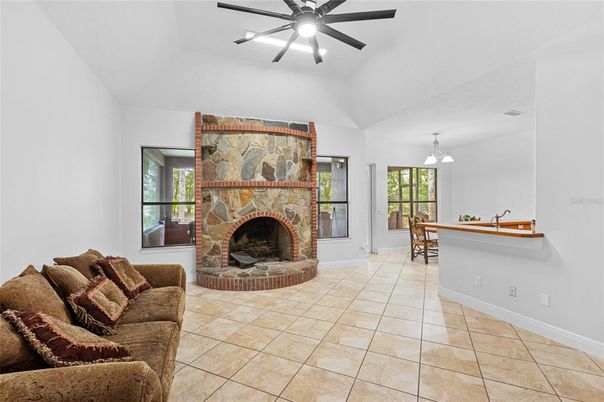 Dining room, Fireplace, Interior, Living room, Pendant Lights