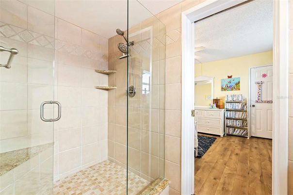 Bathroom, Glass Shower, Interior, Wood Texture Flooring