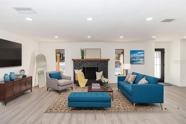 Fireplace, Interior, Living room, Recessed Lighting, Wood Texture Flooring