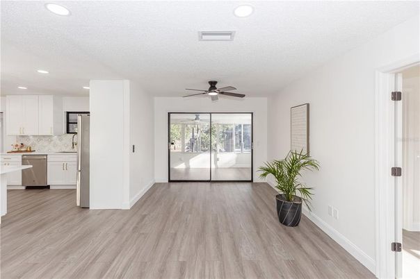Interior, Kitchen, Recessed Lighting, Wood Texture Flooring