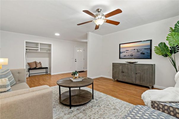 Interior, Living room, Recessed Lighting, Wood Texture Flooring