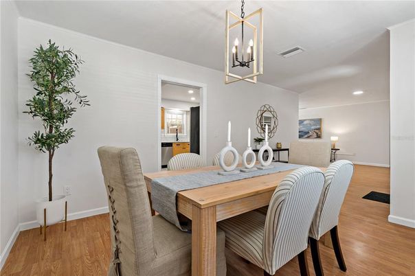 Dining room, Interior, Pendant Lights, Recessed Lighting, Wood Texture Flooring