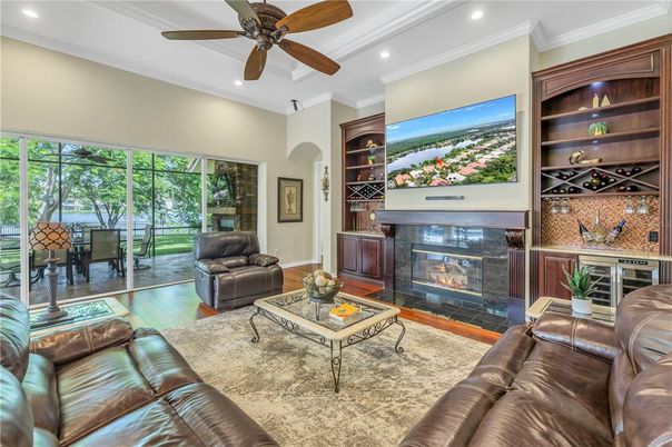 Fireplace, Interior, Living room, Recessed Lighting, Wood Texture Flooring