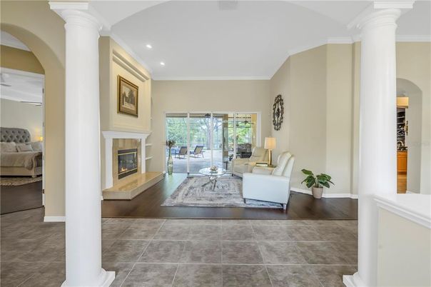 Bedroom, Fireplace, Interior, Living room, Recessed Lighting, Wood Texture Flooring