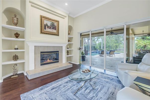 Fireplace, Interior, Living room, Recessed Lighting, Wood Texture Flooring