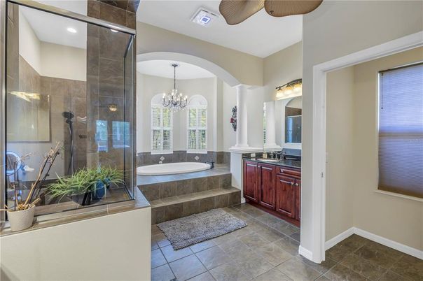 Bathroom, Chandelier, Glass Shower, Interior, Recessed Lighting