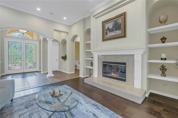 Fireplace, Interior, Recessed Lighting, Wood Texture Flooring