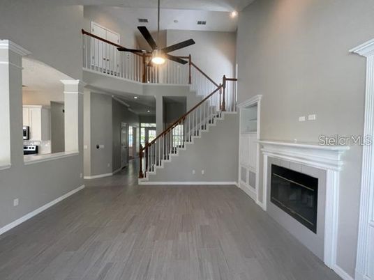 Fireplace, Interior, Recessed Lighting, Wood Texture Flooring
