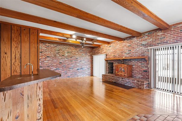 Fireplace, Interior, Kitchen, Stone Walls, Wooden Beams, Wood Texture Flooring