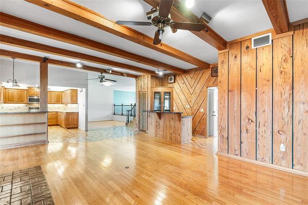 Empty room, Interior, Kitchen, Wooden Beams, Wood Texture Flooring, Wooden Walls