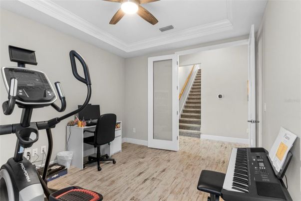 Fitness Equipment, Home Office, Interior, Piano, Wood Texture Flooring