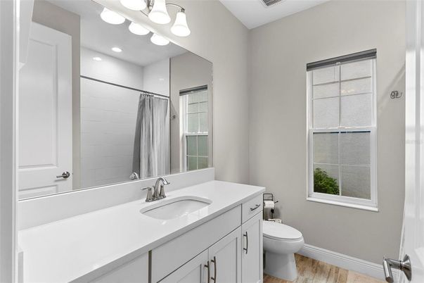 Bathroom, Interior, Recessed Lighting, Wood Texture Flooring