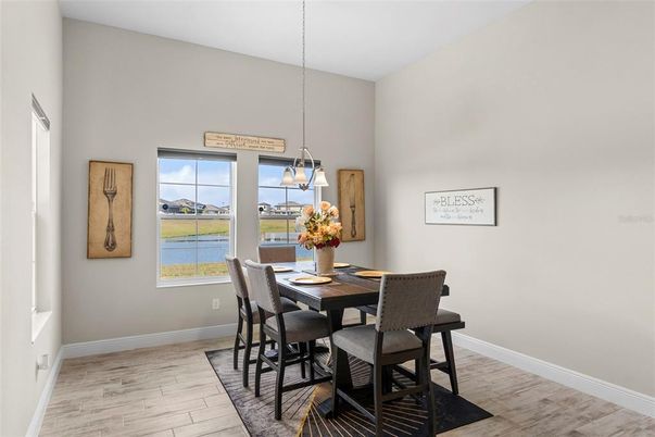 Dining room, Interior, Pendant Lights, Water, Wood Texture Flooring
