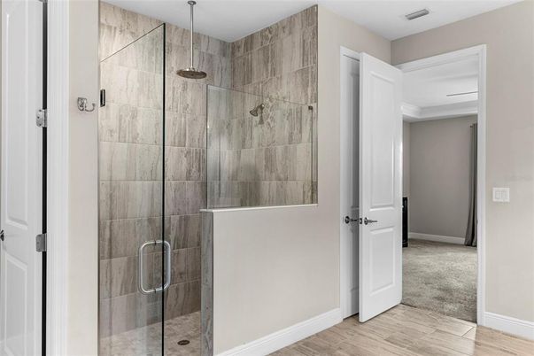 Bathroom, Glass Shower, Interior, Wood Texture Flooring