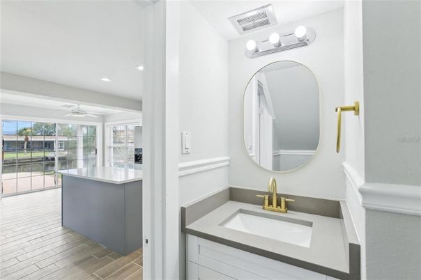 Bathroom, Interior, Recessed Lighting, Wood Texture Flooring