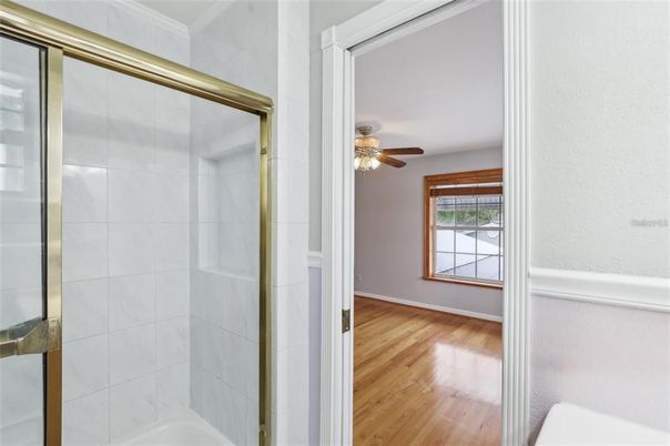 Bathroom, Glass Shower, Interior, Wood Texture Flooring