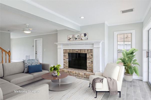 Fireplace, Interior, Living room, Recessed Lighting, Wood Texture Flooring