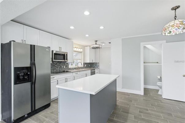 Interior, Kitchen, Pendant Lights, Recessed Lighting, Wood Texture Flooring