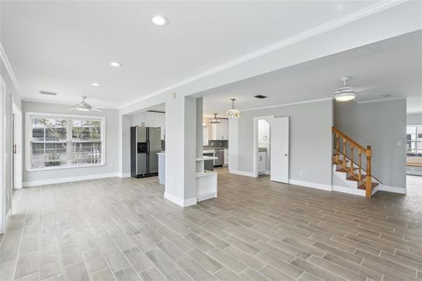 Chandelier, Empty room, Interior, Kitchen, Recessed Lighting, Wood Texture Flooring