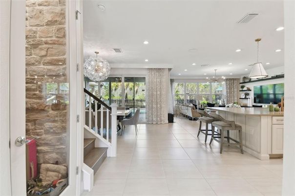 Dining room, Interior, Kitchen, Pendant Lights, Recessed Lighting, Stone Walls