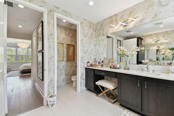 Bathroom, Chandelier, Interior, Marble Walls, Recessed Lighting, Wood Texture Flooring