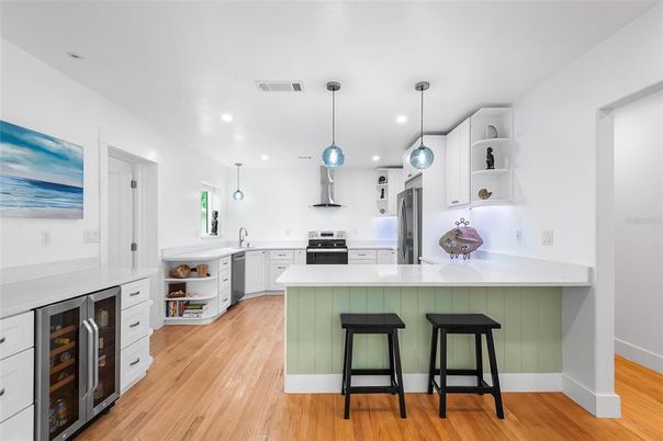 Interior, Kitchen, Pendant Lights, Recessed Lighting, Stainless Steel Appliances, Wood Texture Flooring