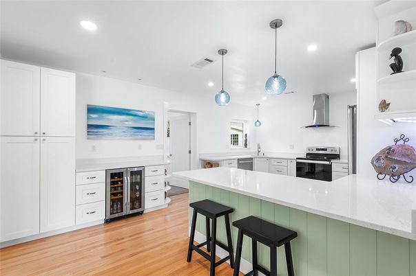 Interior, Kitchen, Pendant Lights, Recessed Lighting, Stainless Steel Appliances, Wood Texture Flooring