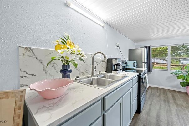 Interior, Kitchen, Marble Walls, Wood Texture Flooring