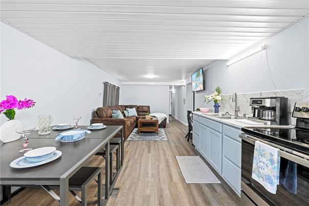 Dining room, Interior, Kitchen, Living room, Stainless Steel Appliances, Wood Texture Flooring
