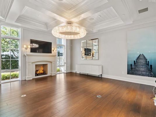 Empty room, Fireplace, Interior, Recessed Lighting, Wood Texture Flooring