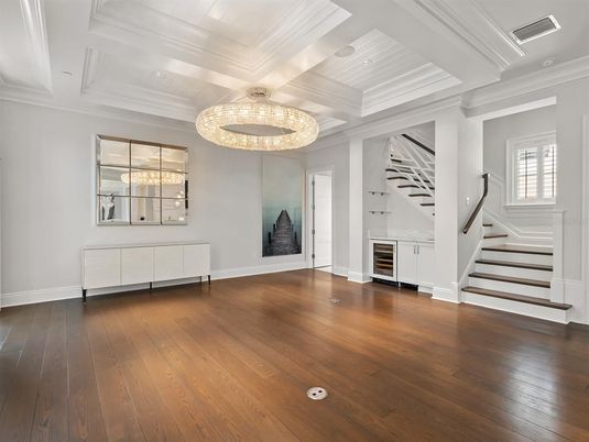 Chandelier, Empty room, Interior, Recessed Lighting, Wood Texture Flooring