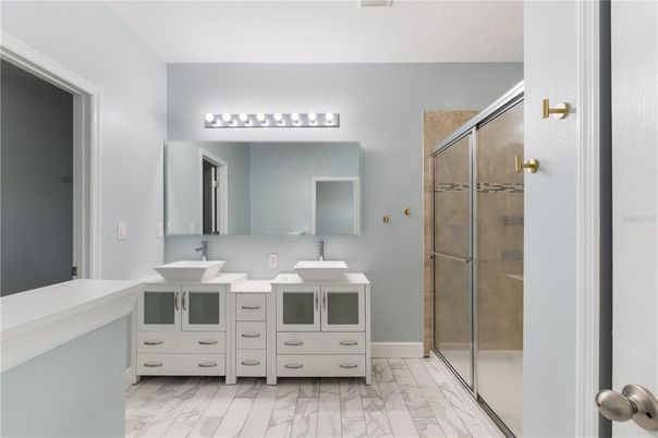 Bathroom, Dual Sink Vanities, Glass Shower, Interior, Marble