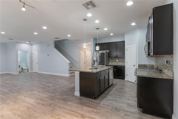 Interior, Kitchen, Pendant Lights, Recessed Lighting, Wood Texture Flooring