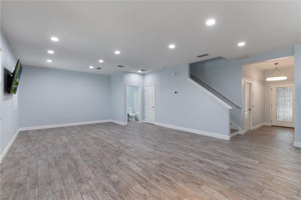 Empty room, Interior, Pendant Lights, Recessed Lighting, Wood Texture Flooring