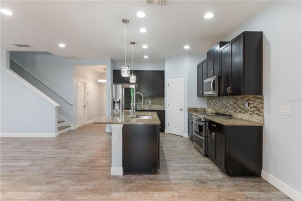Interior, Kitchen, Pendant Lights, Recessed Lighting, Wood Texture Flooring
