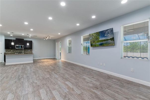 Empty room, Interior, Kitchen, Pendant Lights, Recessed Lighting, Wood Texture Flooring