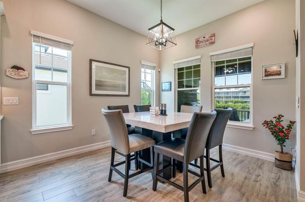 Dining room, Interior, Pendant Lights, Wood Texture Flooring