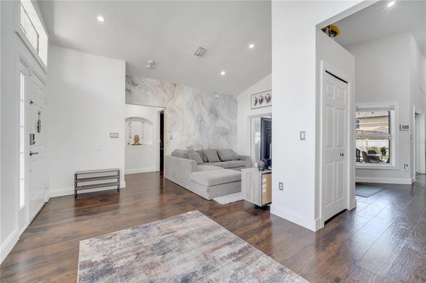 Interior, Marble Walls, Recessed Lighting, Wood Texture Flooring
