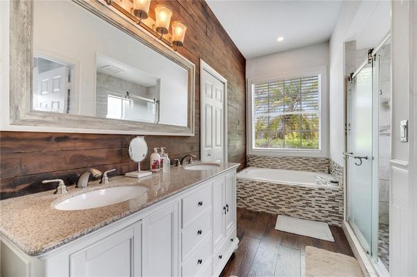 Bathroom, Dual Sink Vanities, Interior, Recessed Lighting, Wood Texture Flooring