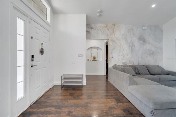 Interior, Living room, Marble Walls, Recessed Lighting, Wood Texture Flooring