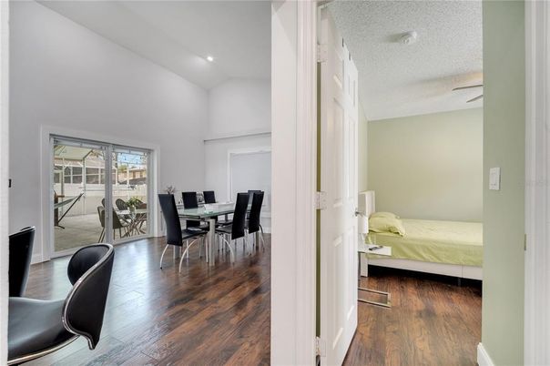 Bedroom, Dining room, Interior, Recessed Lighting, Wood Texture Flooring