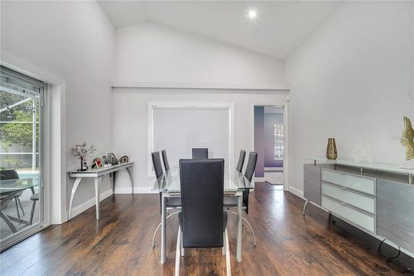 Dining room, Interior, Recessed Lighting, Wood Texture Flooring