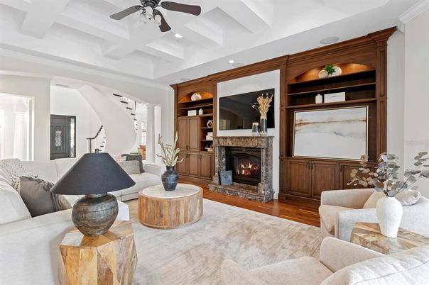 Fireplace, Interior, Living room, Recessed Lighting, Wood Texture Flooring