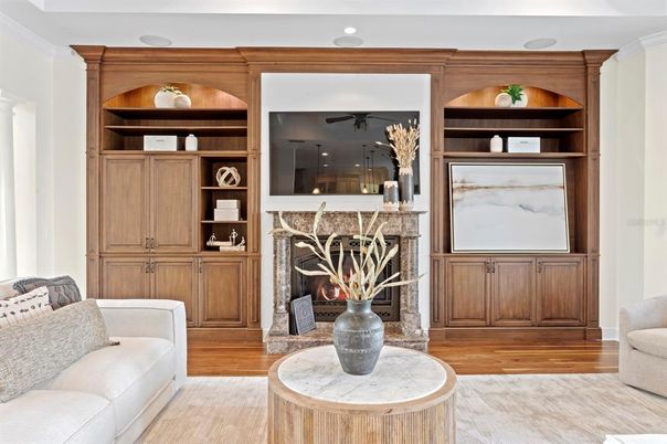 Fireplace, Interior, Recessed Lighting, Wood Texture Flooring