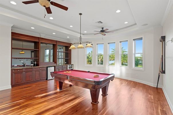 Billiard Table, Game Room, Interior, Pendant Lights, Recessed Lighting, Wood Texture Flooring